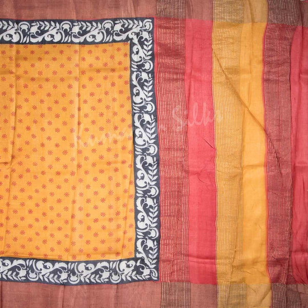 Pure Tussar Mango Yellow Floral Printed Saree 02 - Kumaran Silks