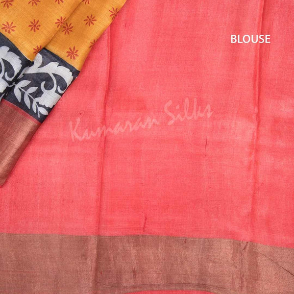 Pure Tussar Mango Yellow Floral Printed Saree 02 - Kumaran Silks