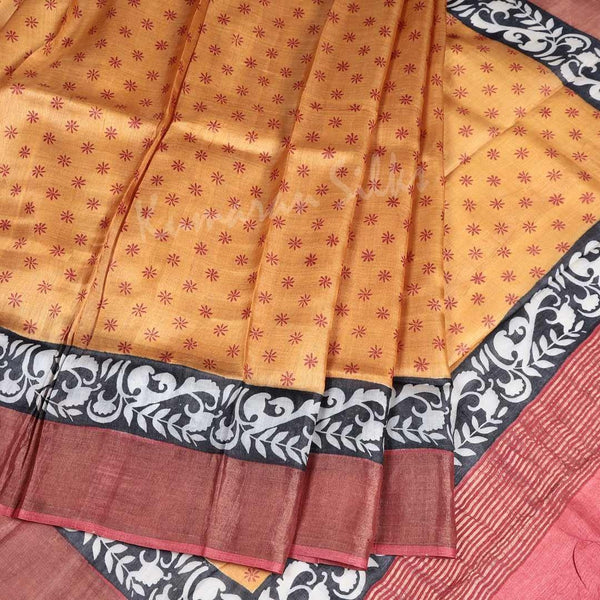 Pure Tussar Mango Yellow Floral Printed Saree 02 - Kumaran Silks