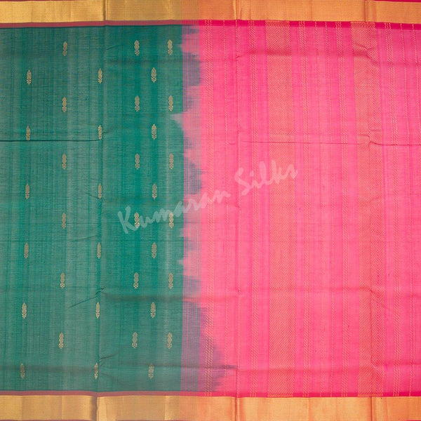 Amirthavarshini Silk Cotton Peacock Green Saree With Zari Buttas - Kumaran Silks