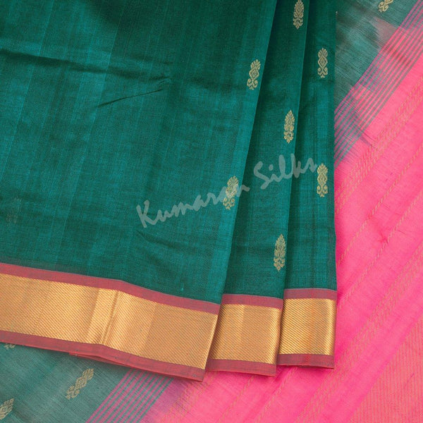 Amirthavarshini Silk Cotton Peacock Green Saree With Zari Buttas - Kumaran Silks