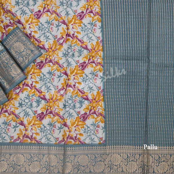 Semi Raw Silk Grey Printed Saree 05 - Kumaran Silks