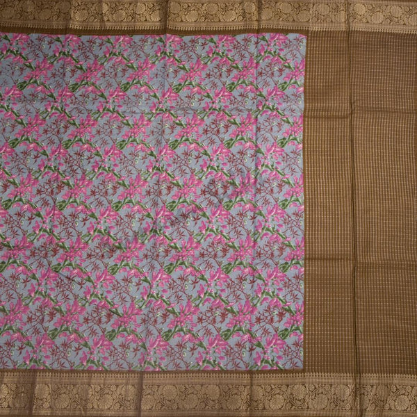 Semi Raw Silk Greyish Blue Printed Saree 02 - Kumaran Silks