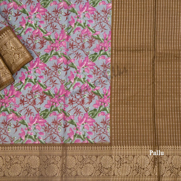 Semi Raw Silk Greyish Blue Printed Saree 02 - Kumaran Silks