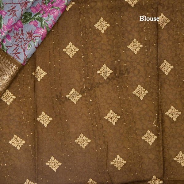 Semi Raw Silk Greyish Blue Printed Saree 02 - Kumaran Silks