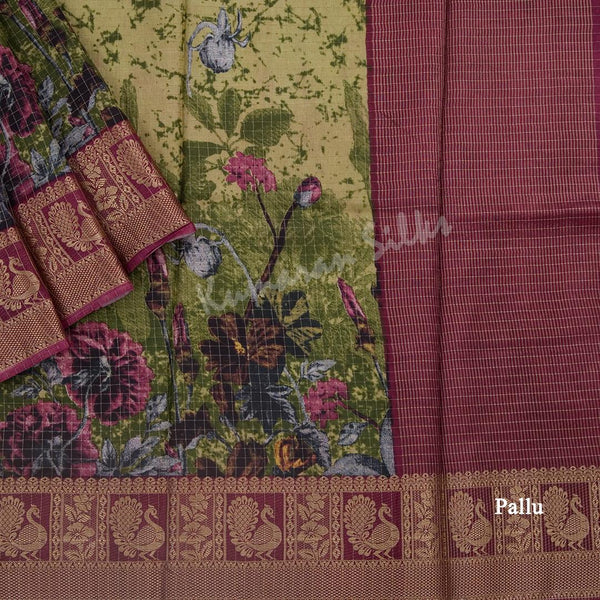 Semi Raw Silk Lime Green Floral Printed Saree - Kumaran Silks