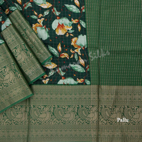 Semi Raw Silk Dark Green Floral Printed Saree - Kumaran Silks