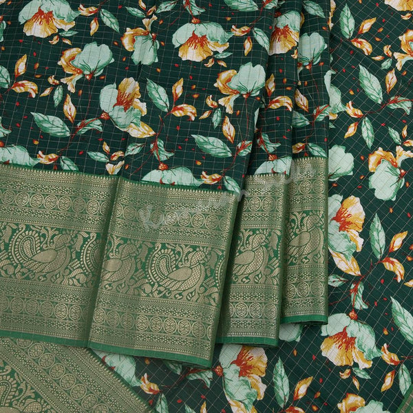 Semi Raw Silk Dark Green Floral Printed Saree - Kumaran Silks