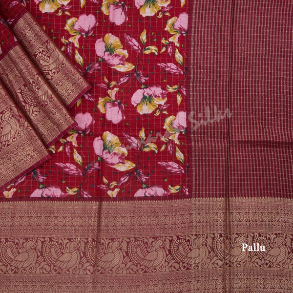 Semi Raw Silk Red Floral Printed Saree - Kumaran Silks