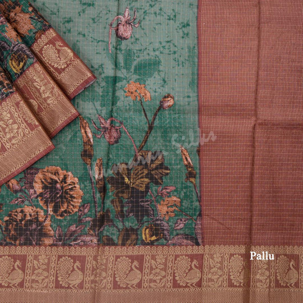 Semi Raw Silk Sage Green Floral Printed Saree - Kumaran Silks