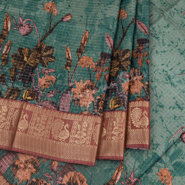 Semi Raw Silk Sage Green Floral Printed Saree - Kumaran Silks