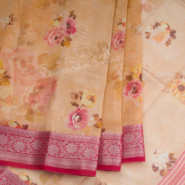 Soft Organza Light Brown Floral Printed Saree - Kumaran Silks
