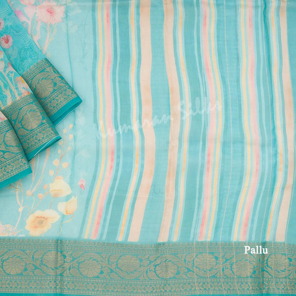 Soft Organza Turquoise Floral Printed Saree - Kumaran Silks