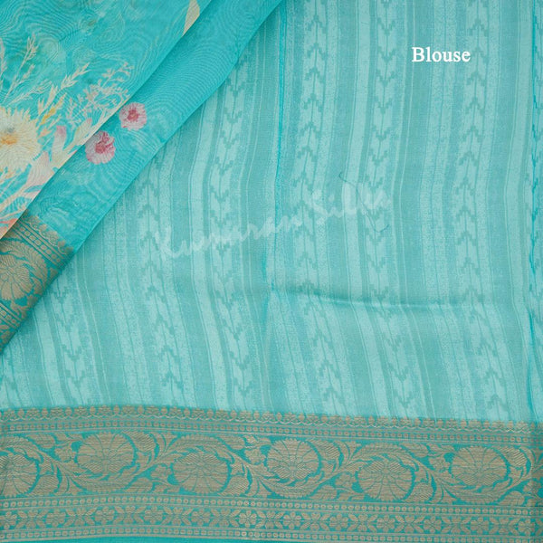 Soft Organza Turquoise Floral Printed Saree - Kumaran Silks