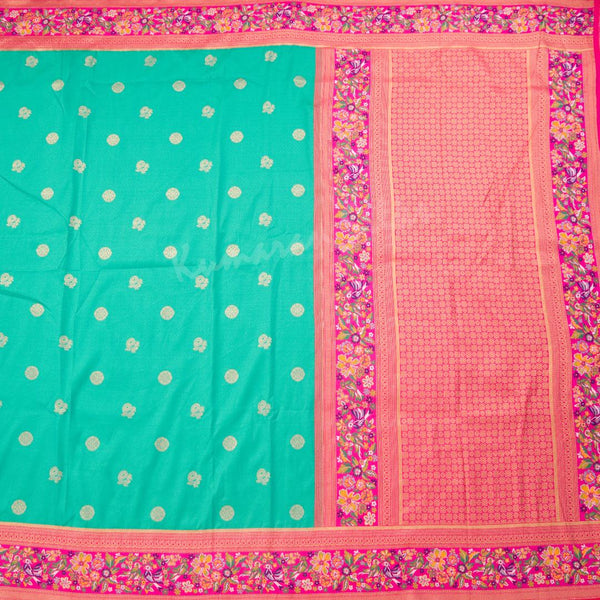 Semi Banaras Peacock Green Zari Worked Saree With Peacock And Chakra Buttas - Kumaran Silks