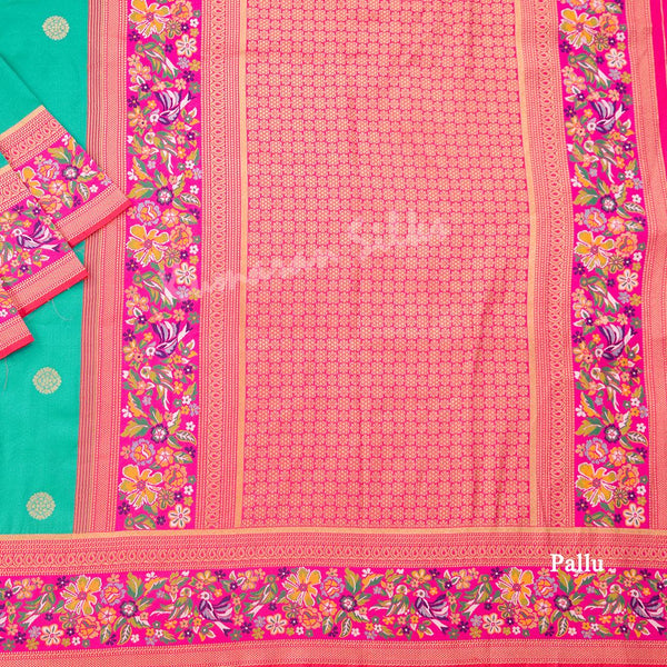 Semi Banaras Peacock Green Zari Worked Saree With Peacock And Chakra Buttas - Kumaran Silks