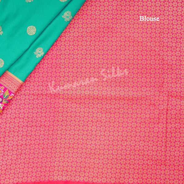 Semi Banaras Peacock Green Zari Worked Saree With Peacock And Chakra Buttas - Kumaran Silks