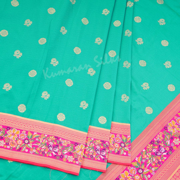 Semi Banaras Peacock Green Zari Worked Saree With Peacock And Chakra Buttas - Kumaran Silks