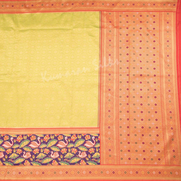 Semi Banaras Lime Green Zari Worked Saree With Lotus And Chakra Buttas - Kumaran Silks