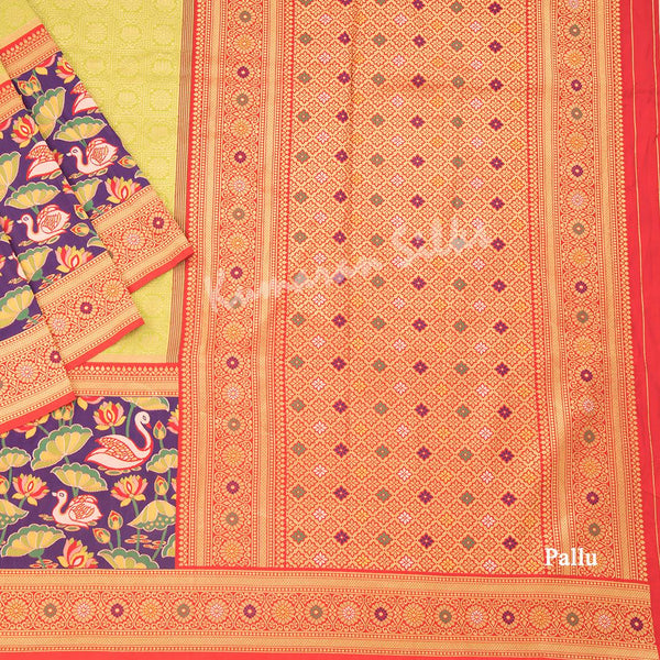 Semi Banaras Lime Green Zari Worked Saree With Lotus And Chakra Buttas - Kumaran Silks