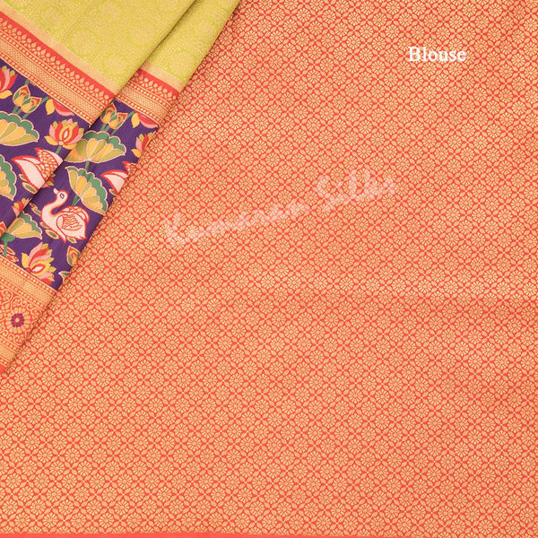Semi Banaras Lime Green Zari Worked Saree With Lotus And Chakra Buttas - Kumaran Silks