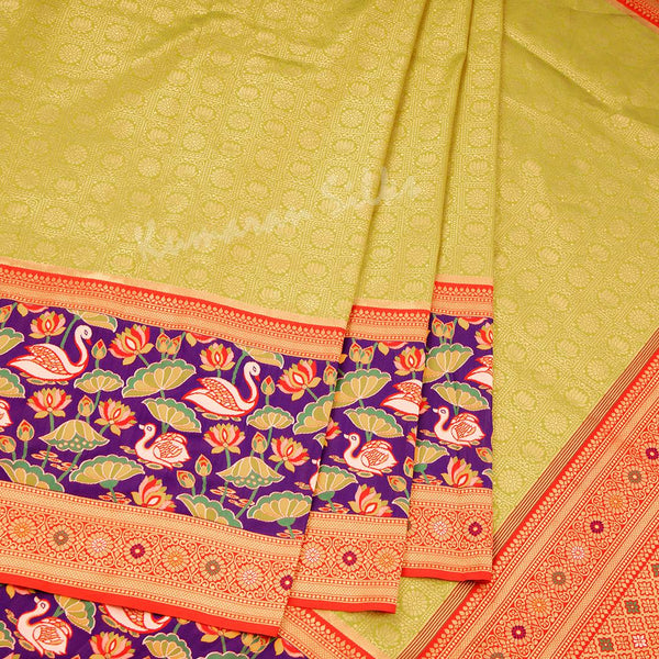 Semi Banaras Lime Green Zari Worked Saree With Lotus And Chakra Buttas - Kumaran Silks