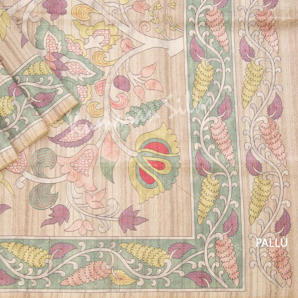 Semi Raw Silk Light Brown Leaf Printed Saree - Kumaran Silks