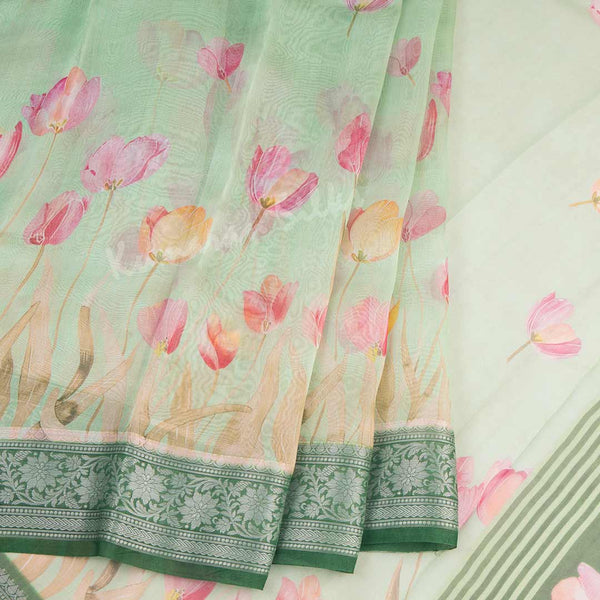 Soft Organza Pista Green Floral Printed Saree - Kumaran Silks