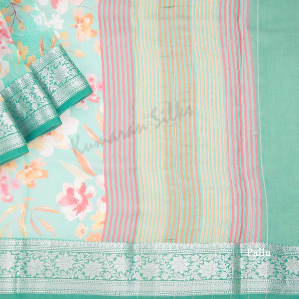 Soft Organza Turquoise Floral Printed Saree 02 - Kumaran Silks