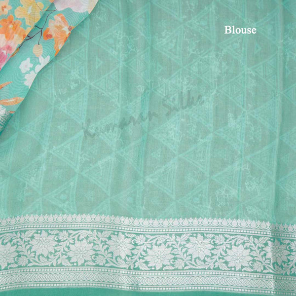 Soft Organza Turquoise Floral Printed Saree 02 - Kumaran Silks