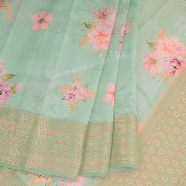 Silk Viscose Pista Green Floral Printed Saree 02