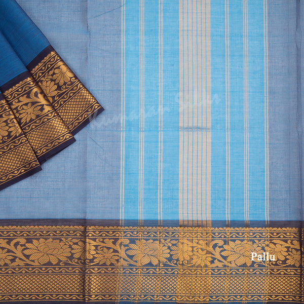 Venkatagiri Handloom Cotton Plain Azure Blue Saree Without Blouse - Kumaran Silks