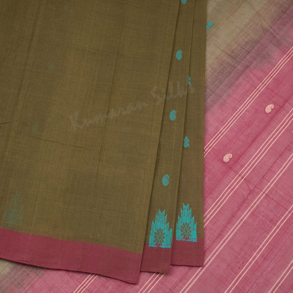 Kanchi Cotton Olive Green Thread Worked Saree
