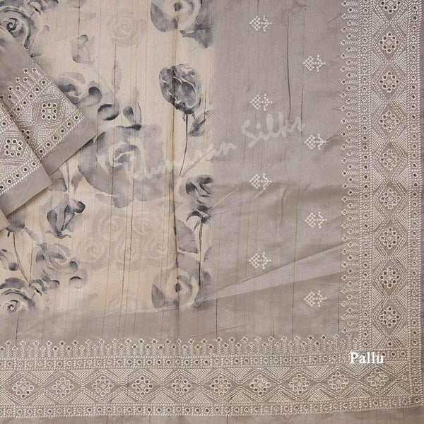 Semi Raw Silk Cream Printed Saree With Thread Border