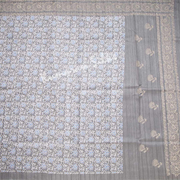 Semi Raw Silk Grey Floral Printed Saree