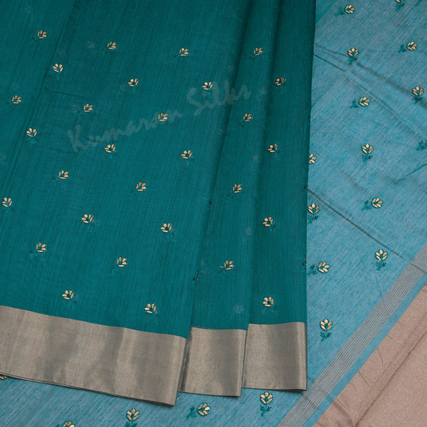 Semi Raw Silk Teal Green Thread embroidered Saree