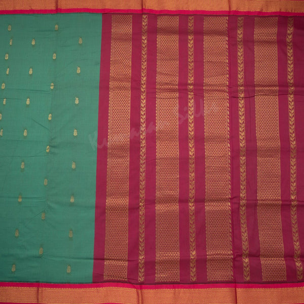 Kalyani Cotton Peacock Green Saree With Zari Buttas And Contrast Border