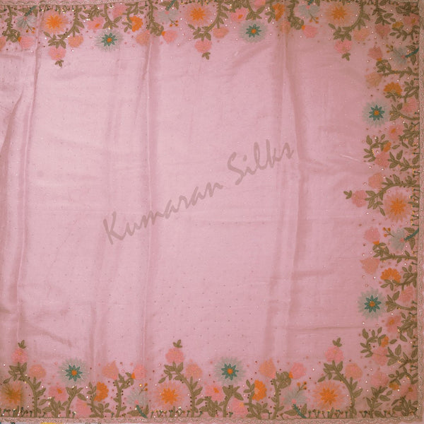 Organza Baby Pink Floral Embroidered With Stone Work Saree