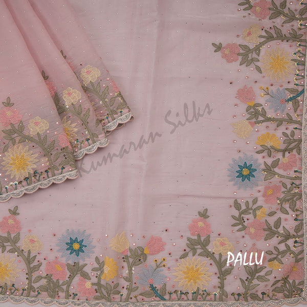 Organza Baby Pink Floral Embroidered With Stone Work Saree