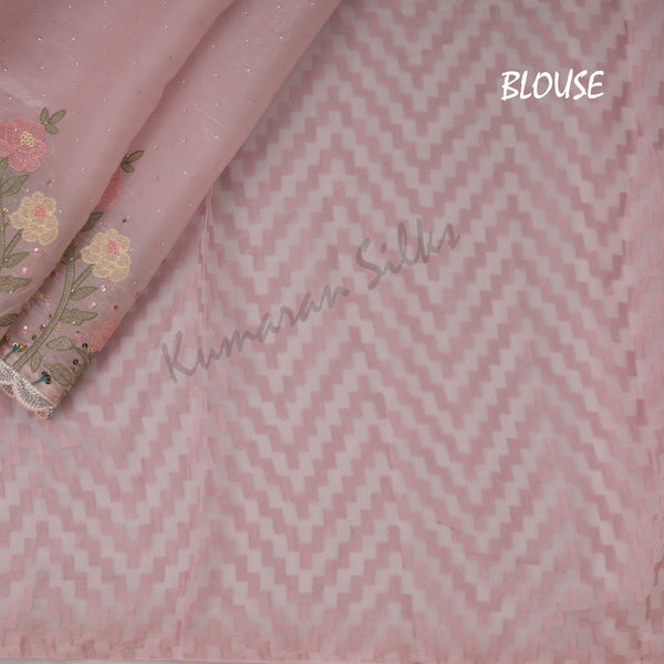 Organza Baby Pink Floral Embroidered With Stone Work Saree