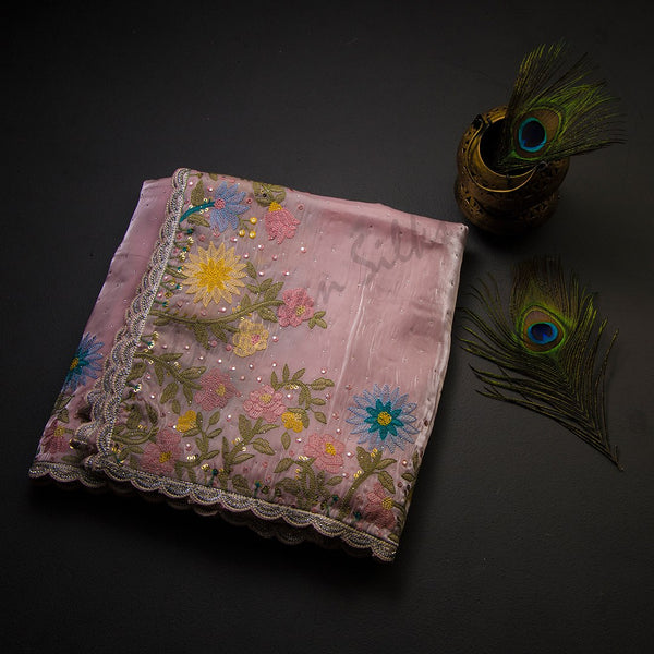 Organza Baby Pink Floral Embroidered With Stone Work Saree