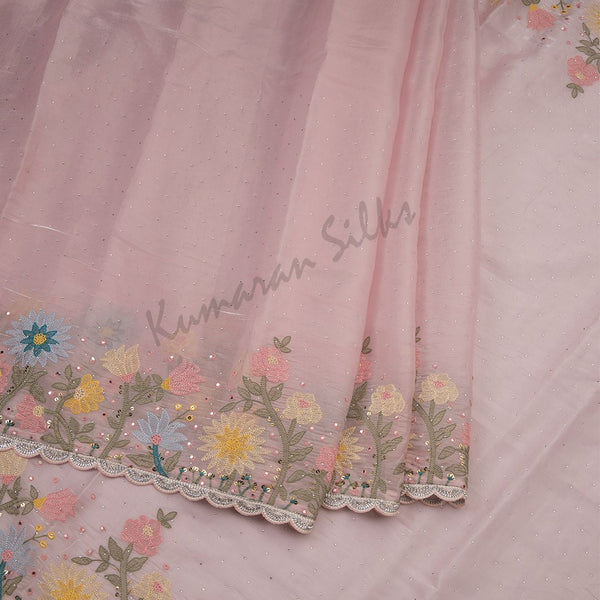 Organza Baby Pink Floral Embroidered With Stone Work Saree