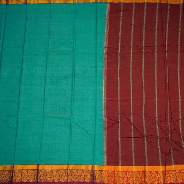 Gadwal Cotton Turquoise Plain Saree Without Blouse