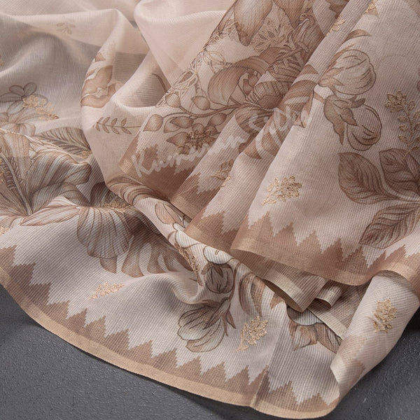 Kota Light Brown Printed With Thread Embroidered Saree