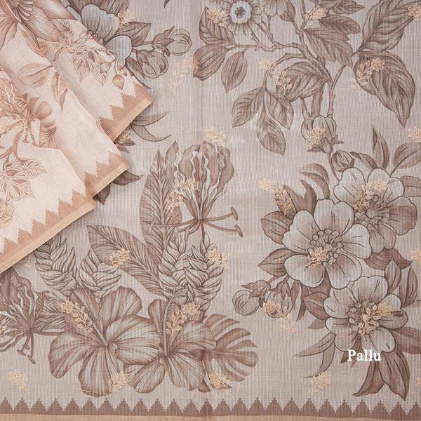 Kota Light Brown Printed With Thread Embroidered Saree