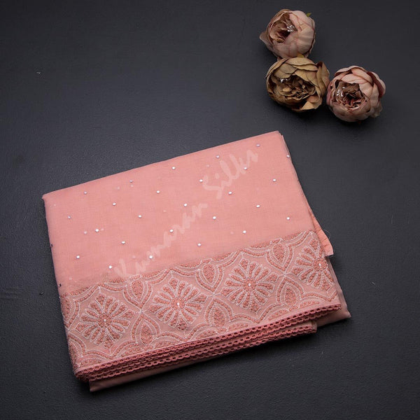 Kota Peach Thread Embroidered With Mirror Work Saree