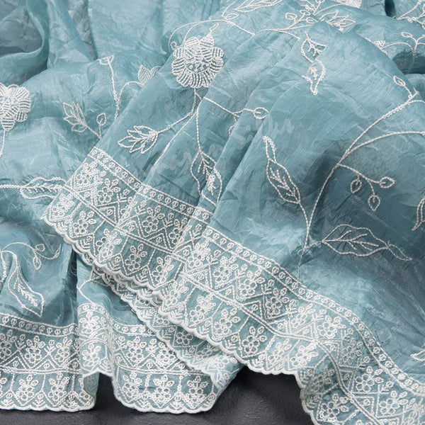 Organza Light Blue Thread Embroidered Saree