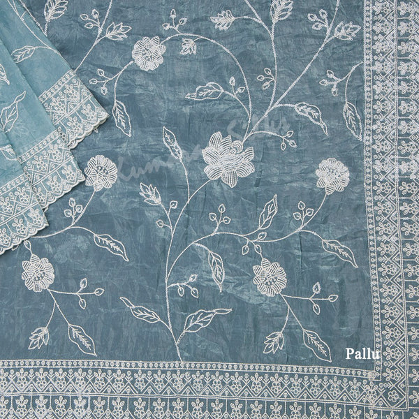 Organza Light Blue Thread Embroidered Saree