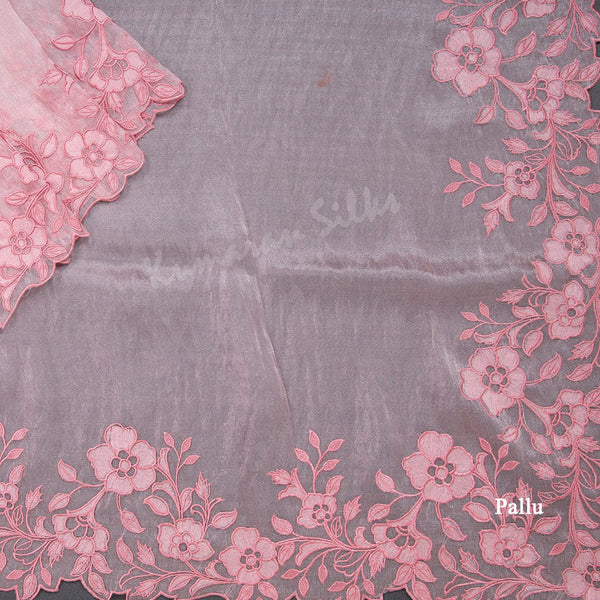 Organza Rose Pink Thread Embroidered Saree