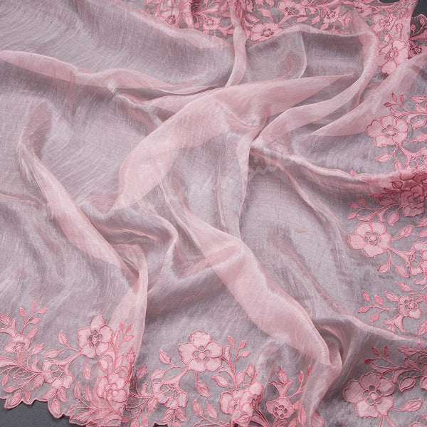 Organza Rose Pink Thread Embroidered Saree